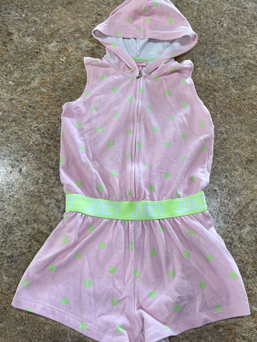 Juicy Couture Kids Hooded Romper Size 8/10 Pink Velour Hearts Sleeveless